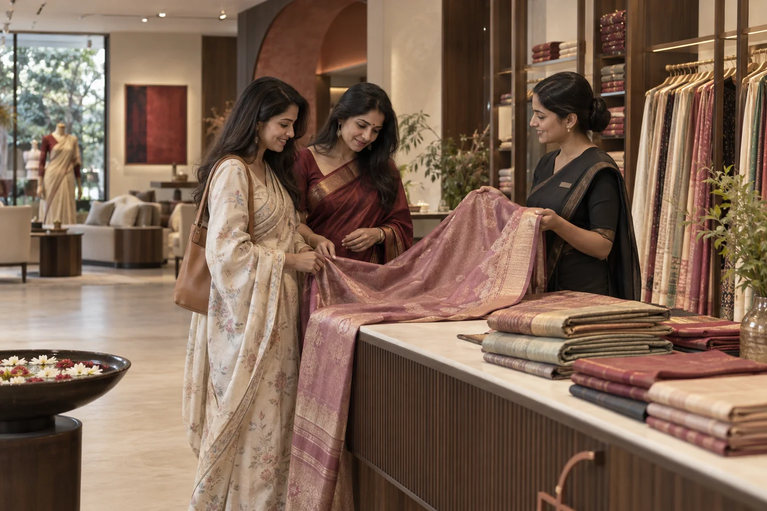 Customers exploring sarees inside a contemporary Vastranand store