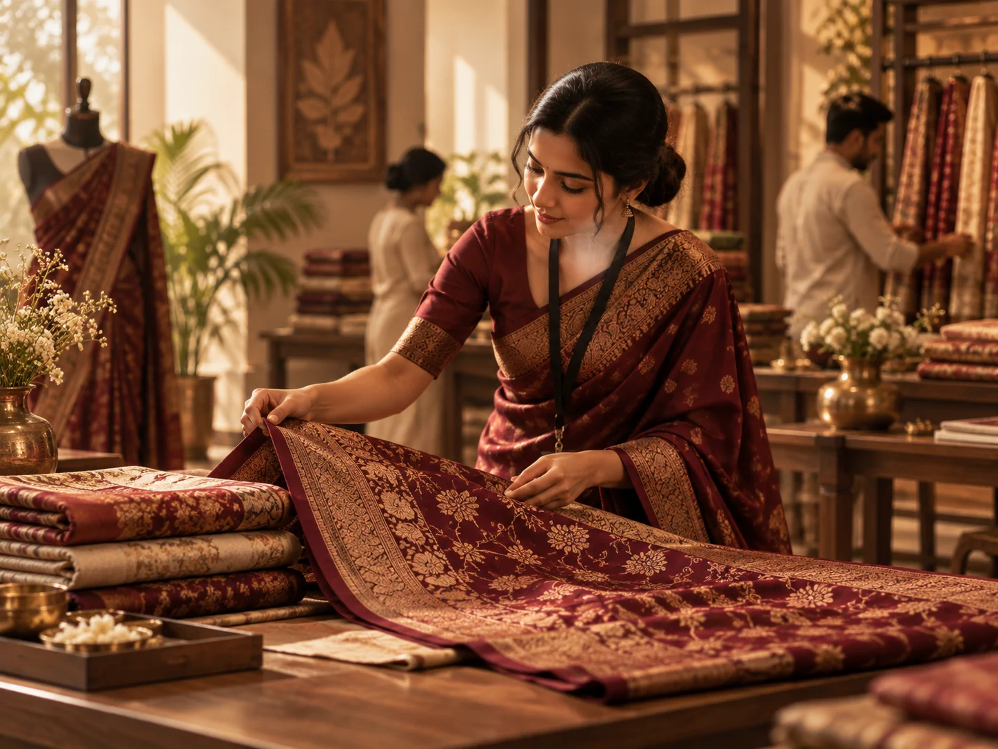 Woman reviewing a richly woven saree in a textile studio setting.