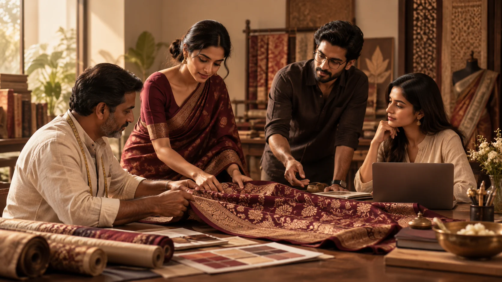 Textile and product team reviewing a saree and material details in a warm studio setting.