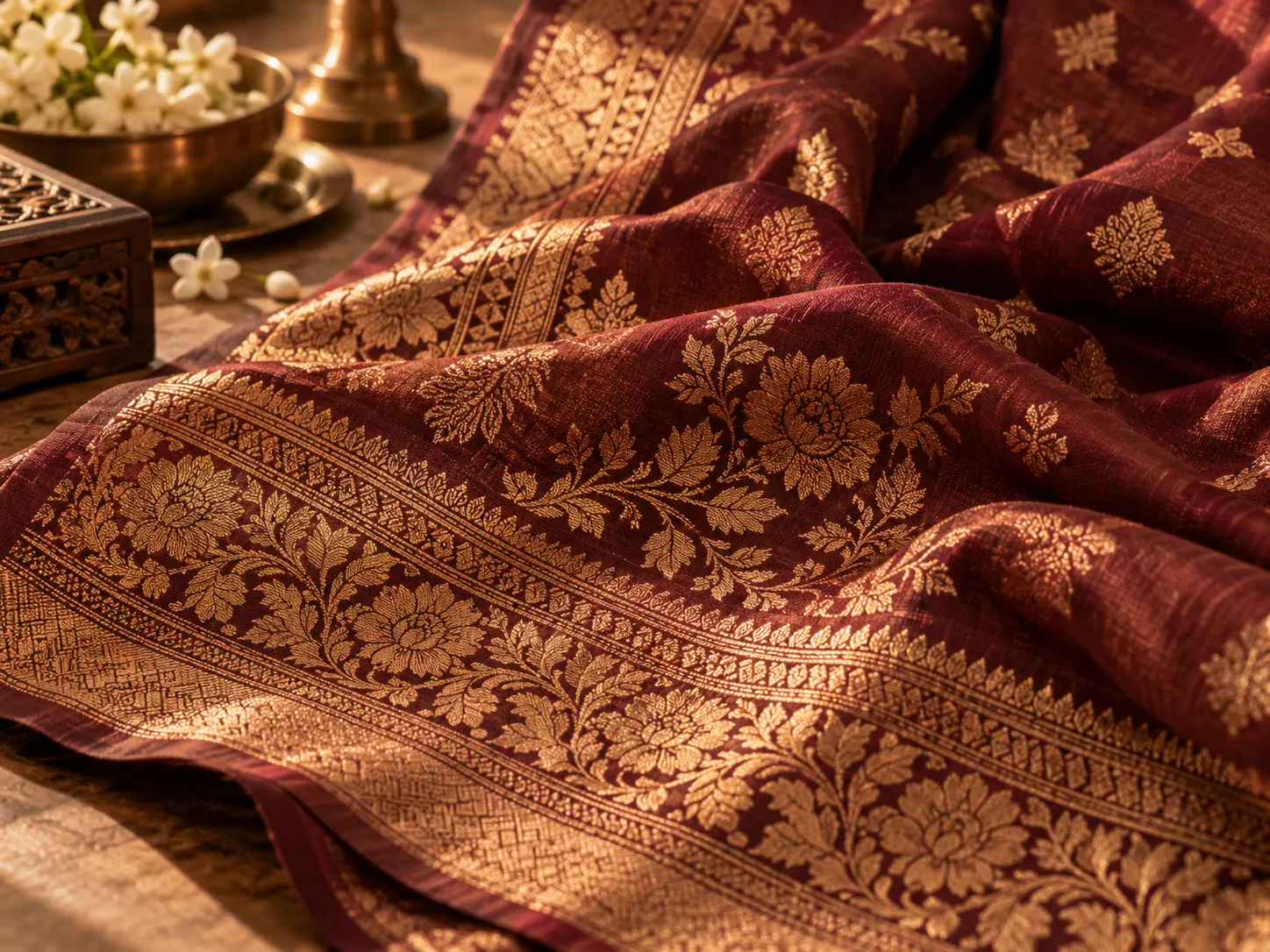 Close detail of burgundy textile with intricate gold woven motifs.
