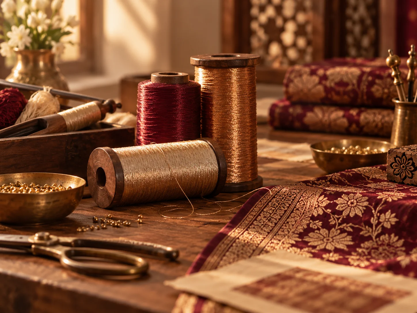 Golden and burgundy threads with textile materials on a craft table.