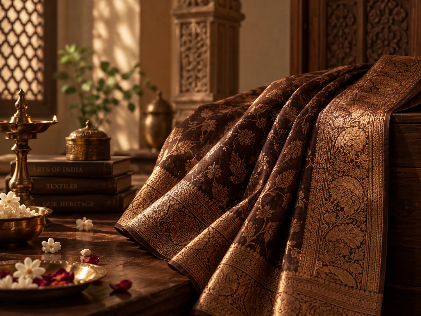Richly woven Indian saree textile displayed in a warm heritage-inspired setting.