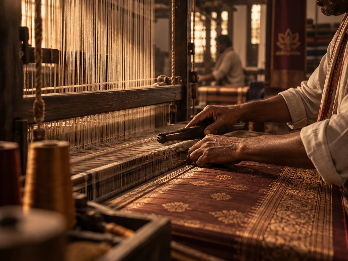 Artisan working at a loom while weaving a richly detailed saree textile.