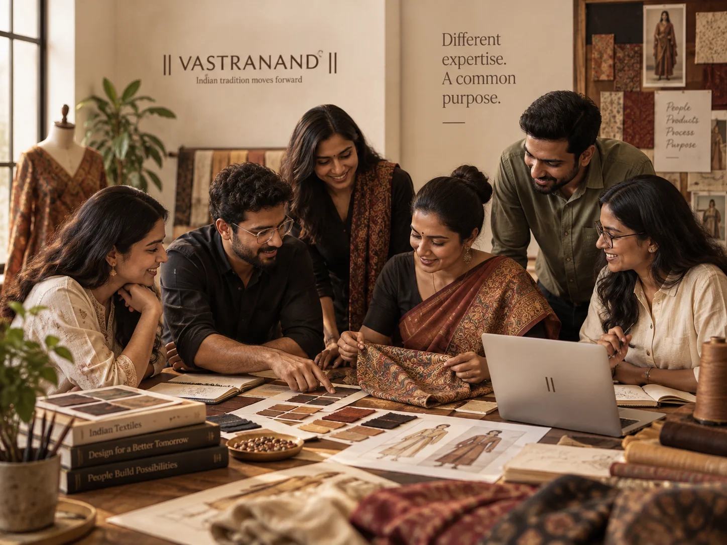 People collaborating around textile samples, design references and a laptop in a studio setting.