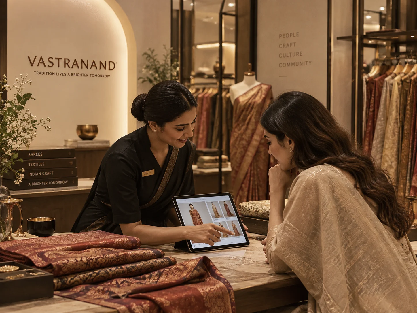 Saree consultation in a warm retail setting with product and digital references.