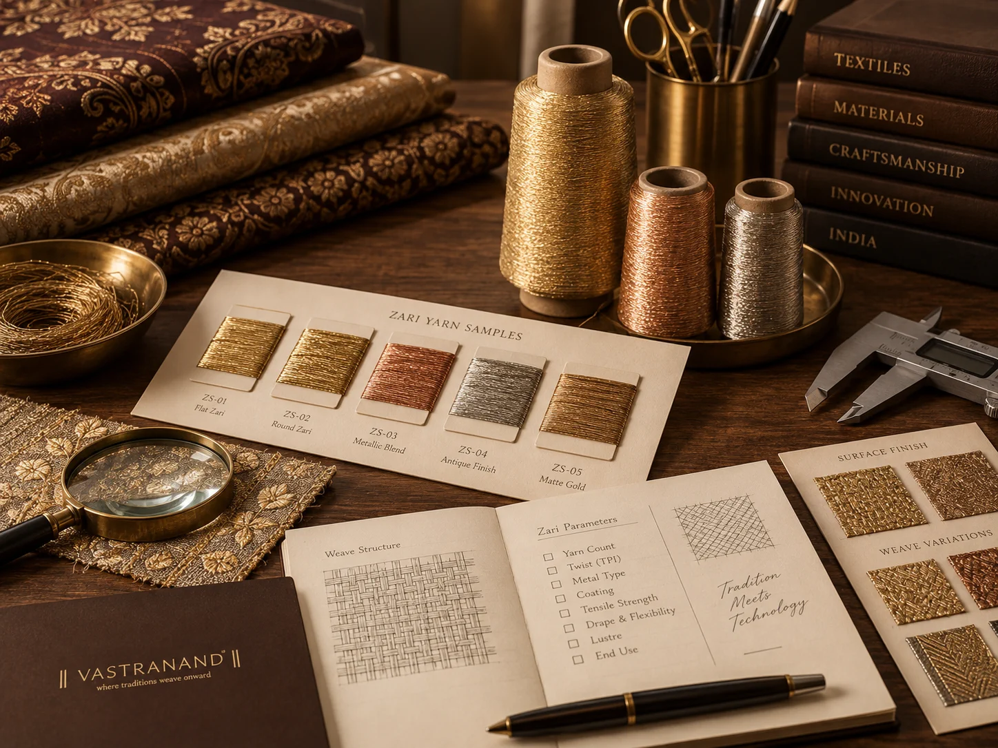 Zari yarn samples, metallic thread cones and textile specification references on a worktable.