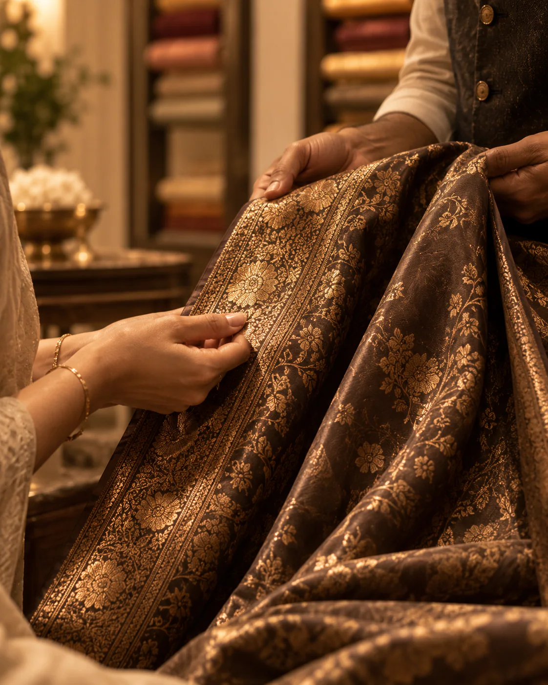Hands reviewing intricate woven fabric and gold detailing