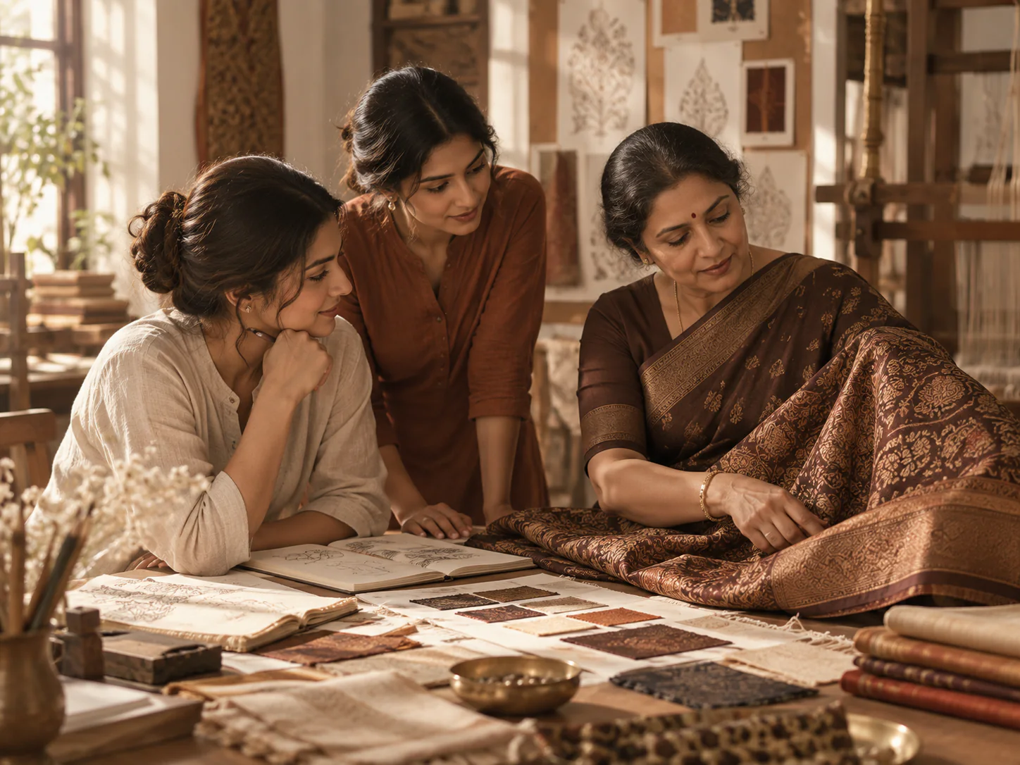 People working together on textile samples and design sketches
