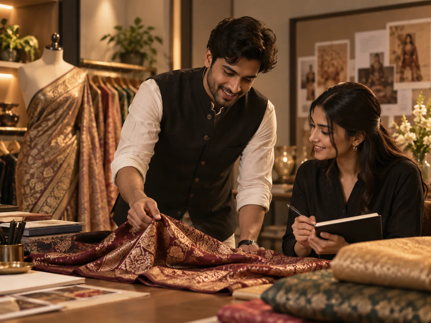 Two people reviewing textiles and material details at a studio worktable