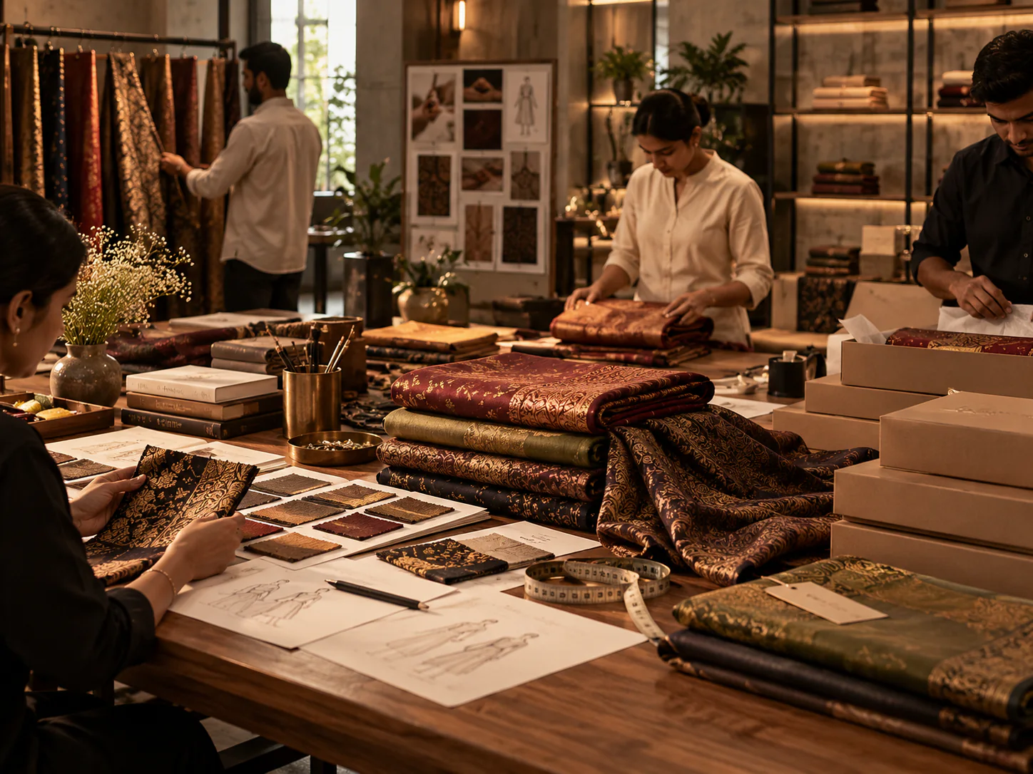 Warm textile studio workspace with material samples and design references