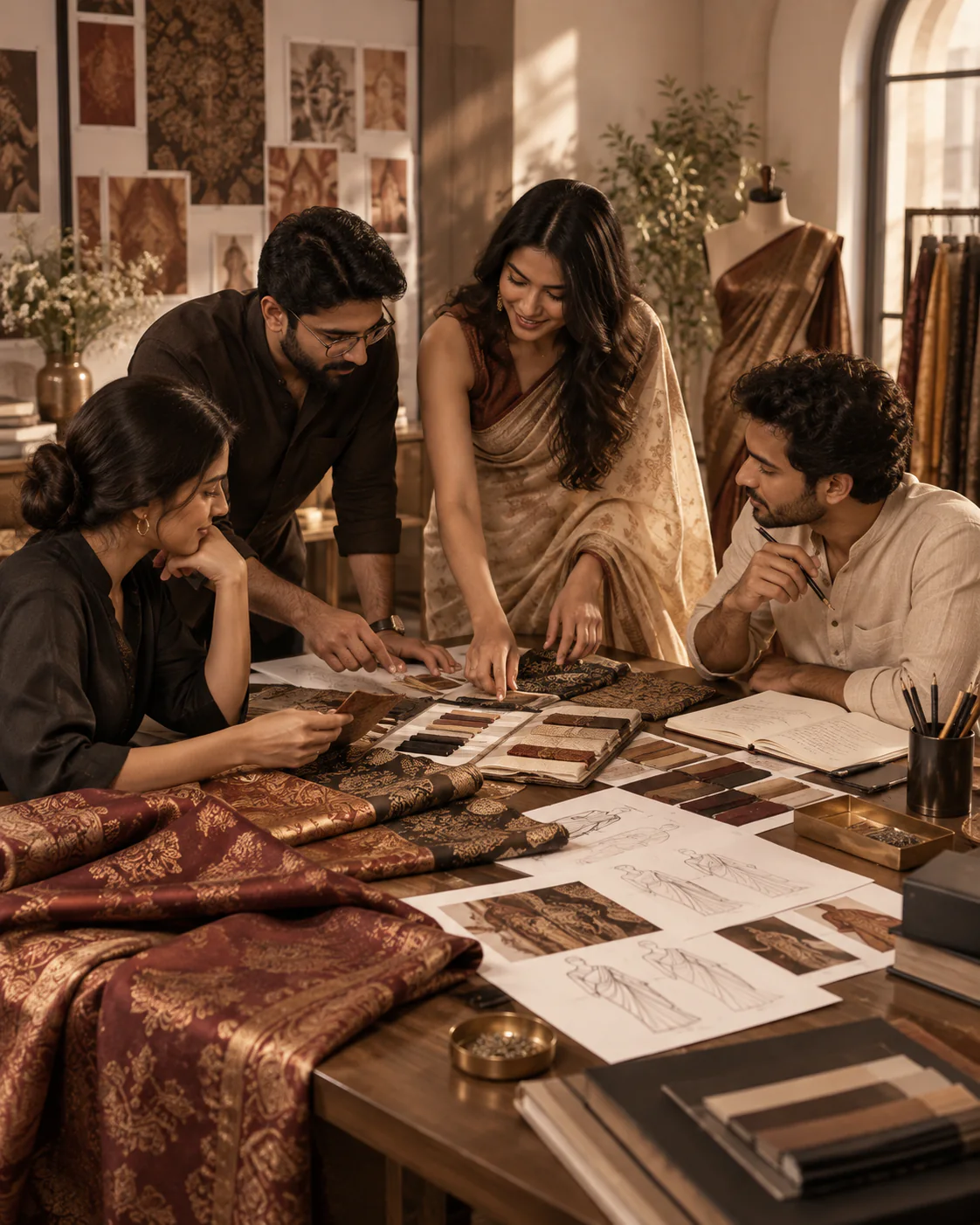 A group reviewing textile and product ideas together in a design studio