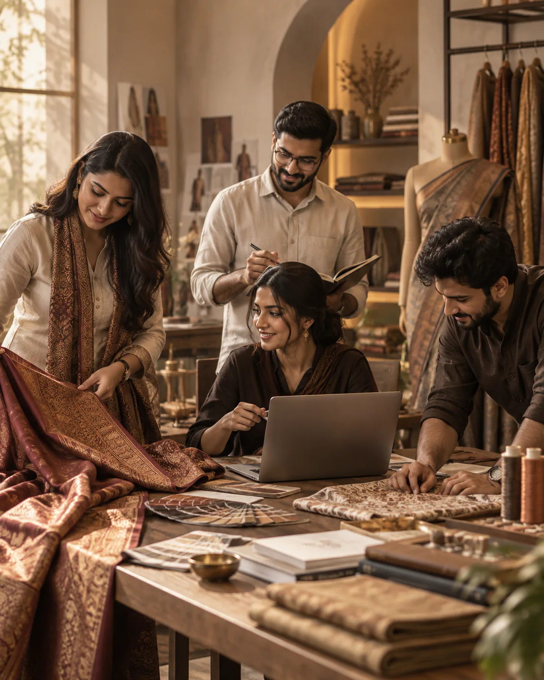 People collaborating around textile samples and a laptop in a warm design studio