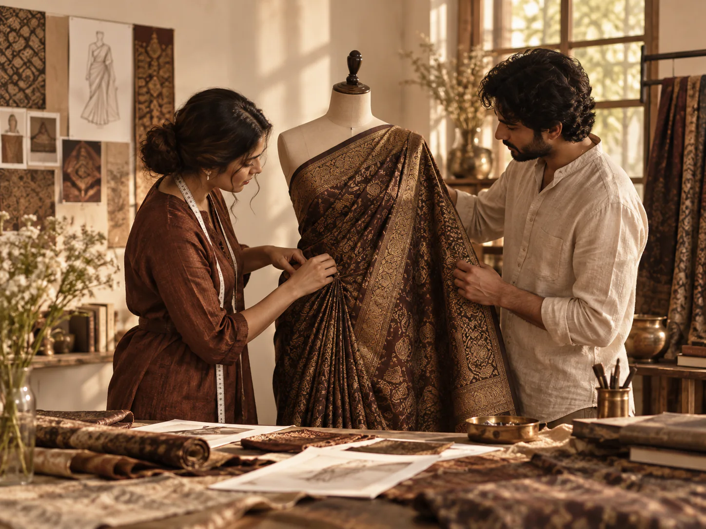 Two people reviewing a saree drape on a mannequin in a textile studio