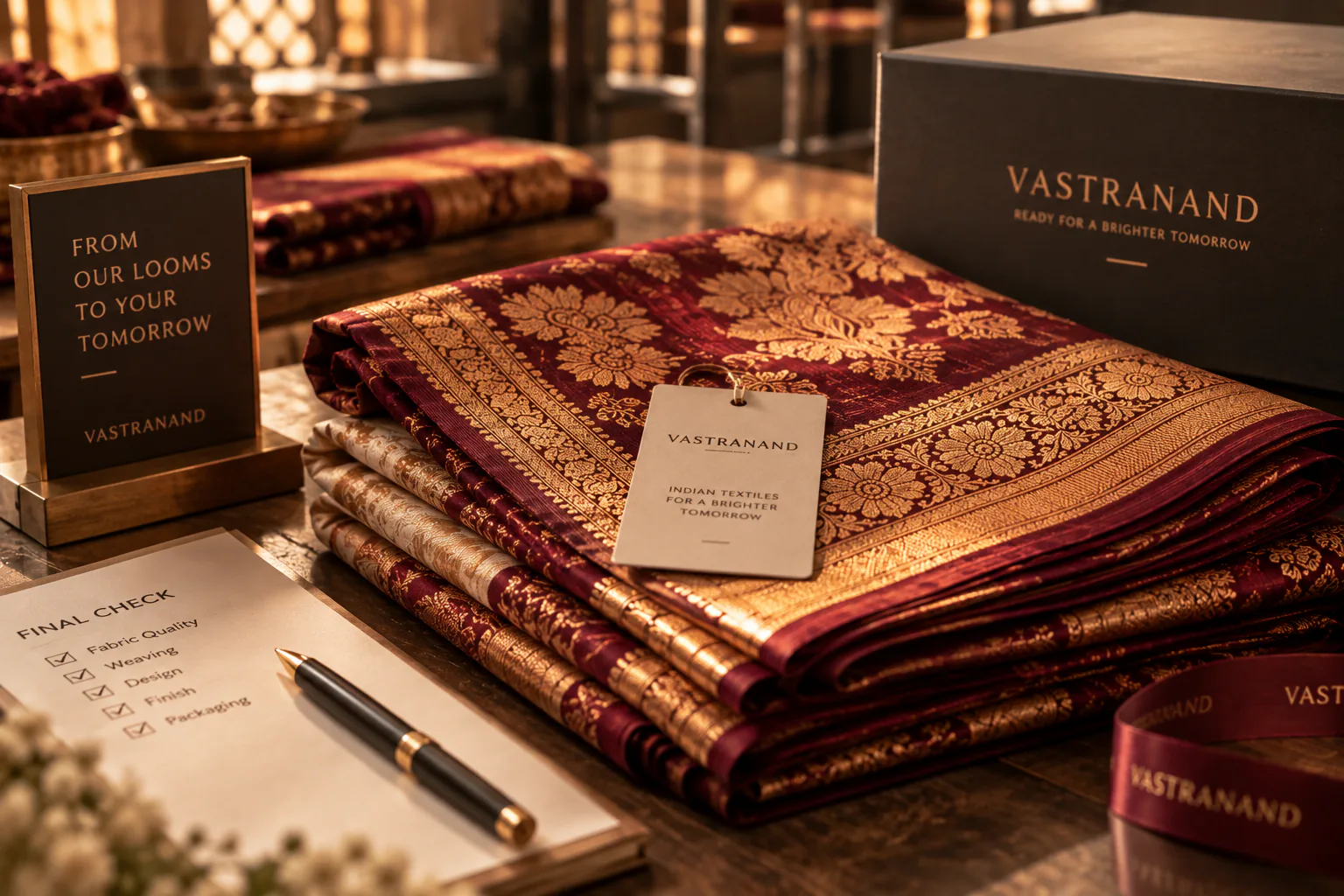 Finished folded premium sarees prepared for the next product stage.