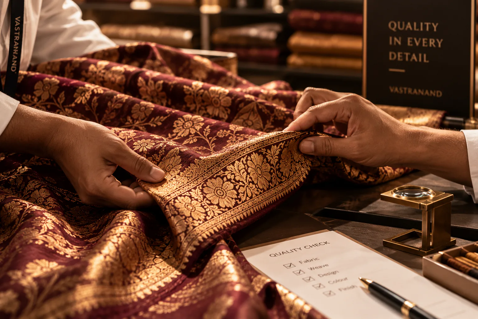 Prepared textile fibres and yarn bundles in cream, gold and burgundy tones.