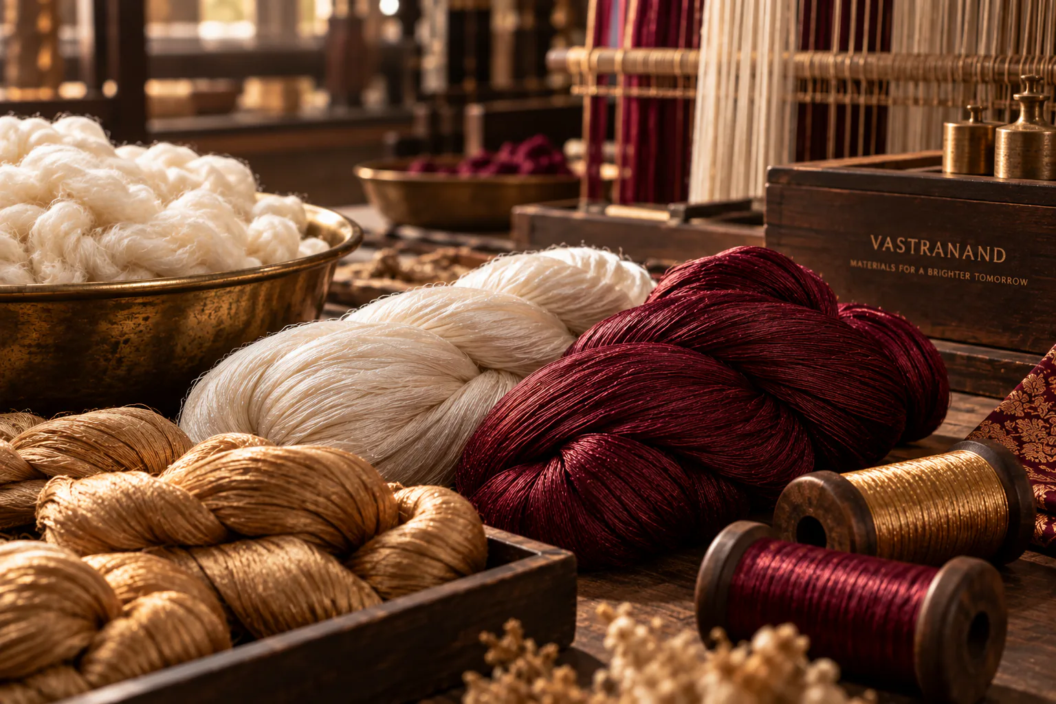 Hands working with threads and a loom during the weaving process.