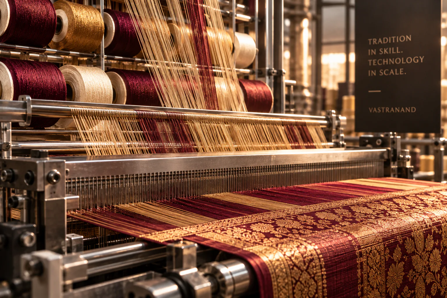Close detail of burgundy woven textile with intricate gold zari patterns.