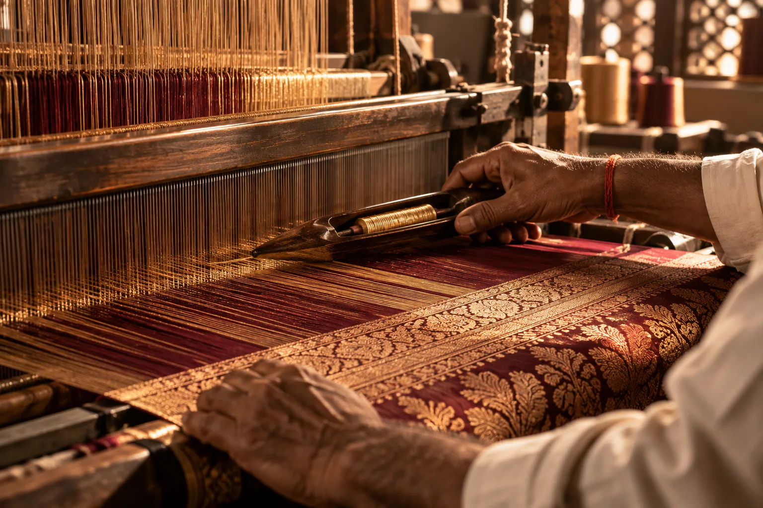 Premium burgundy, gold and cream textile threads prepared for production.
