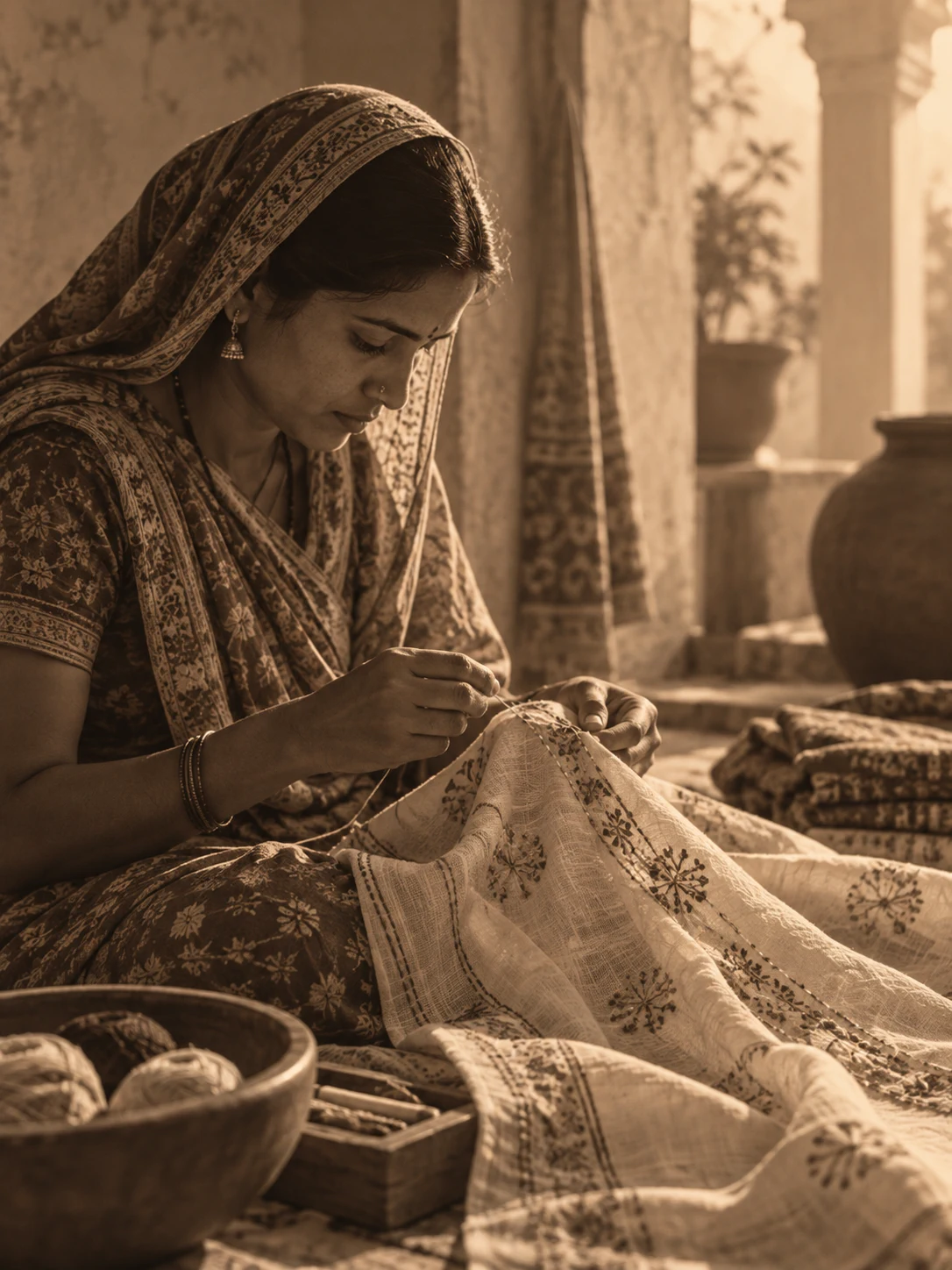 Textile artisan carrying out detailed handwork on patterned fabric