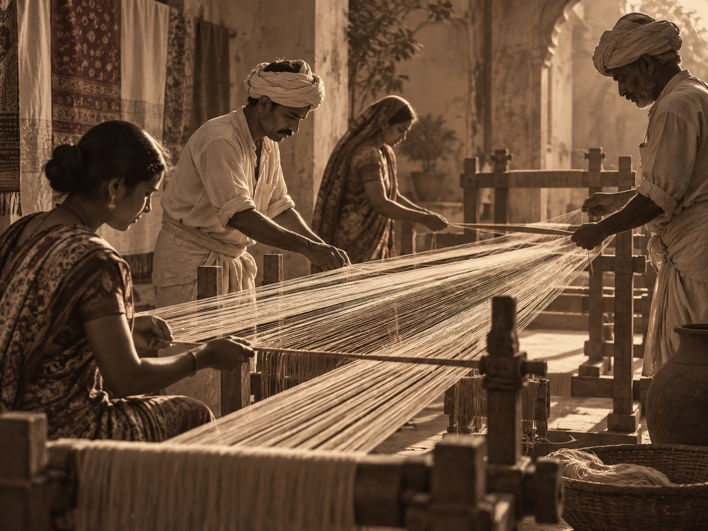 Textile artisans working with threads and loom structures in a warm sepia-toned scene