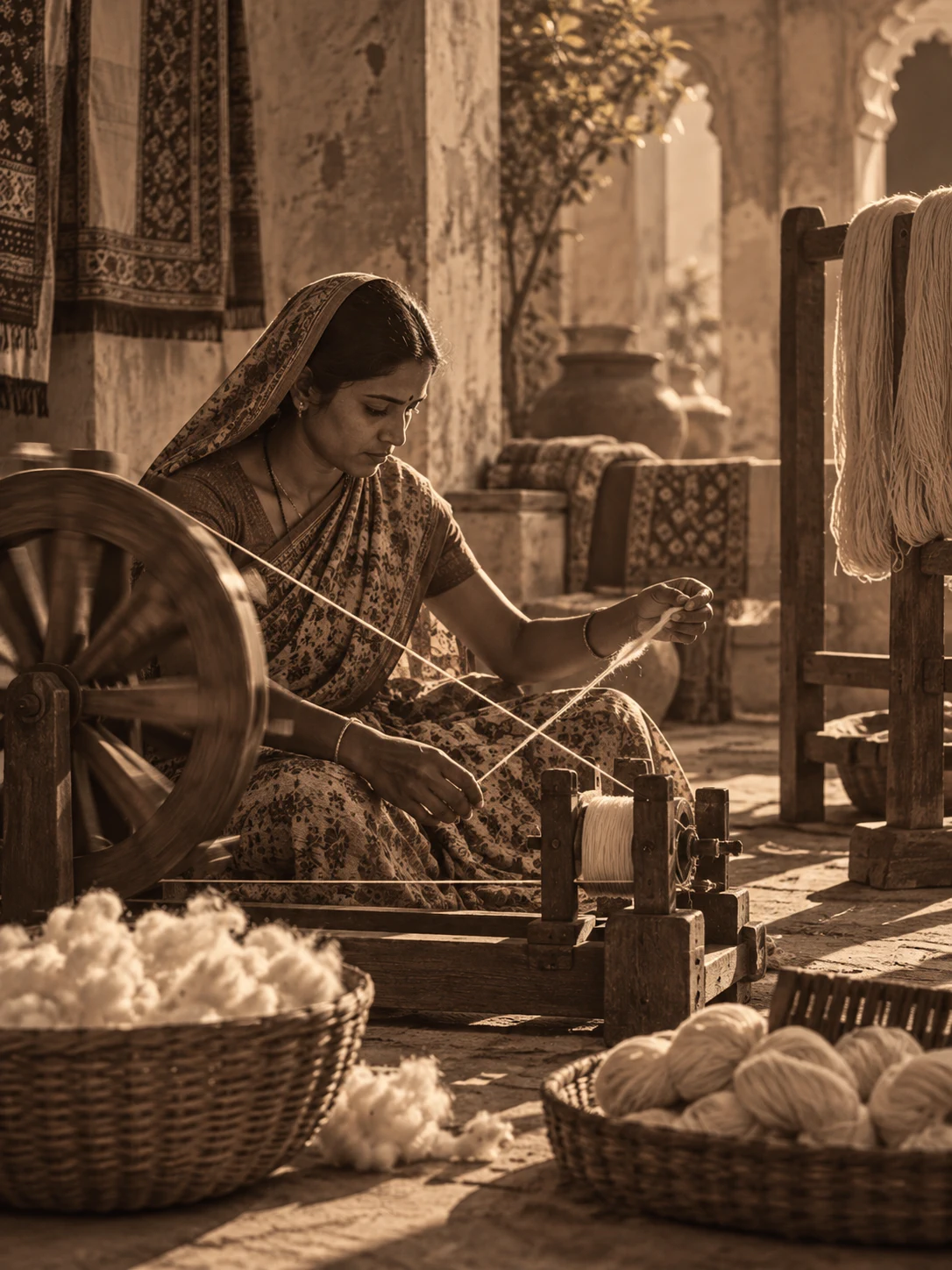 Textile artisan preparing and spinning thread beside traditional textile tools