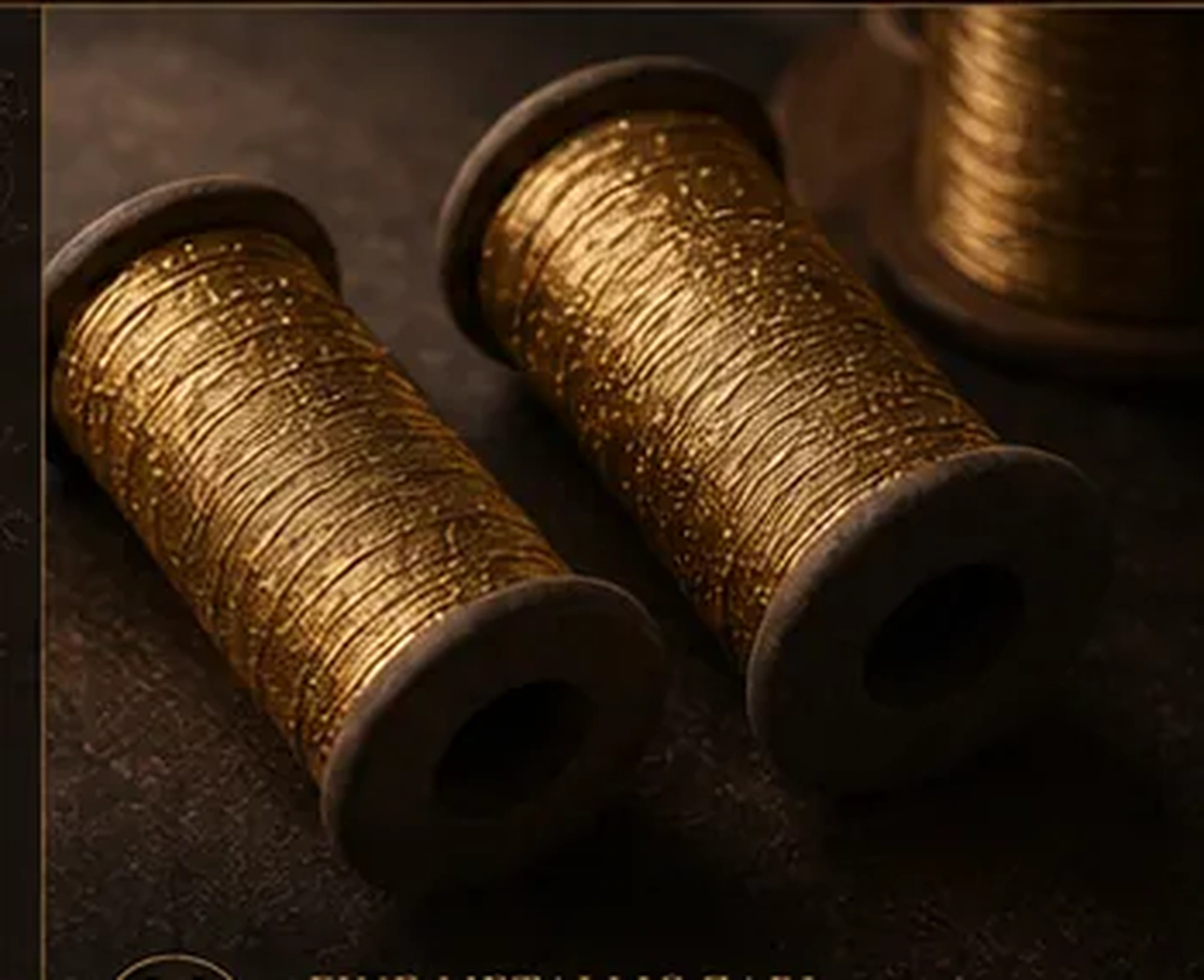 Rows of metallic zari yarn spools in gold and silver tones