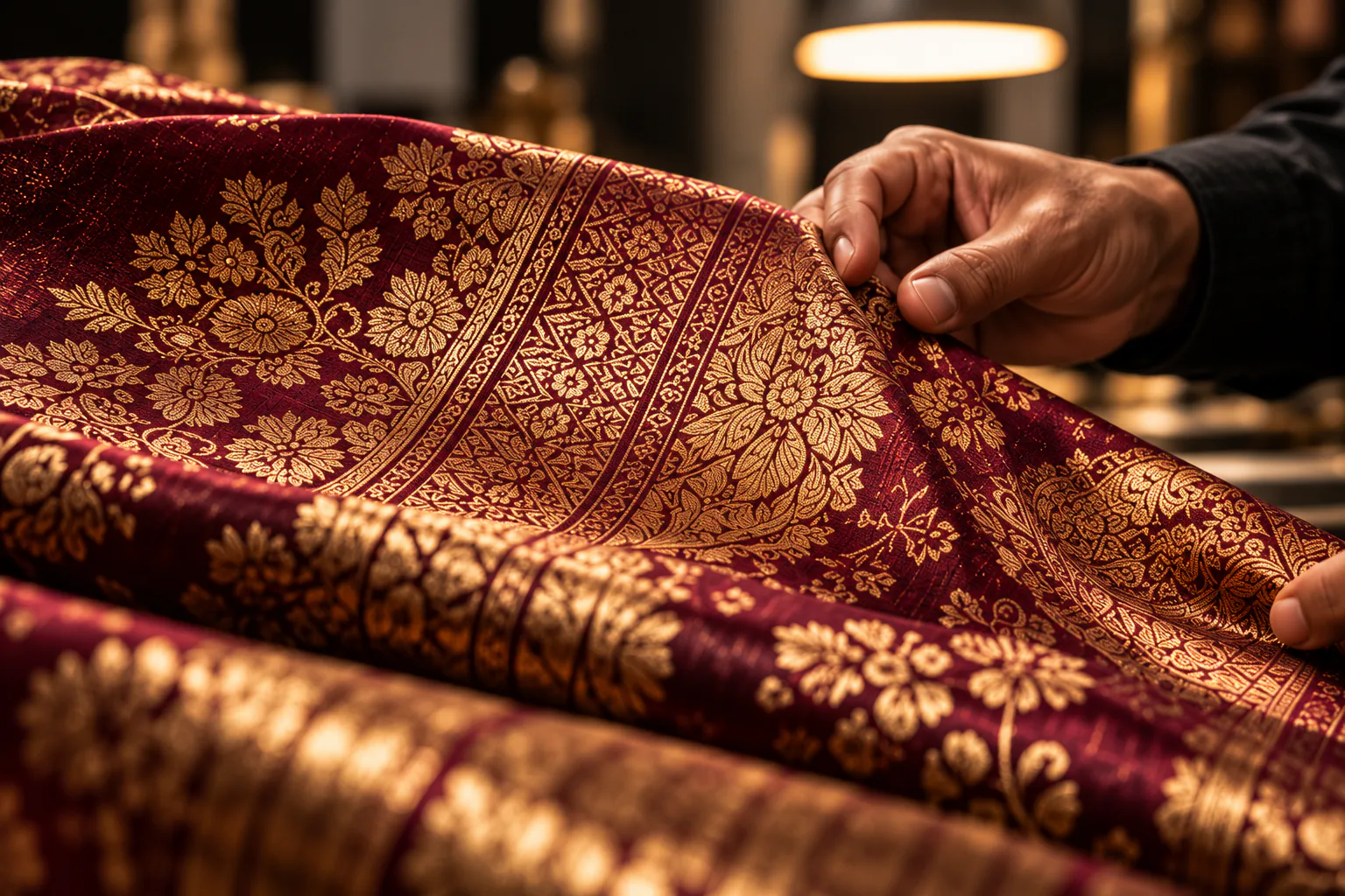 Hands inspecting the weave and gold border of a burgundy textile.