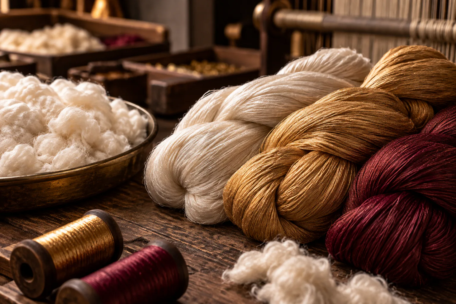 Textile loom weaving burgundy and gold fabric with aligned warp threads.